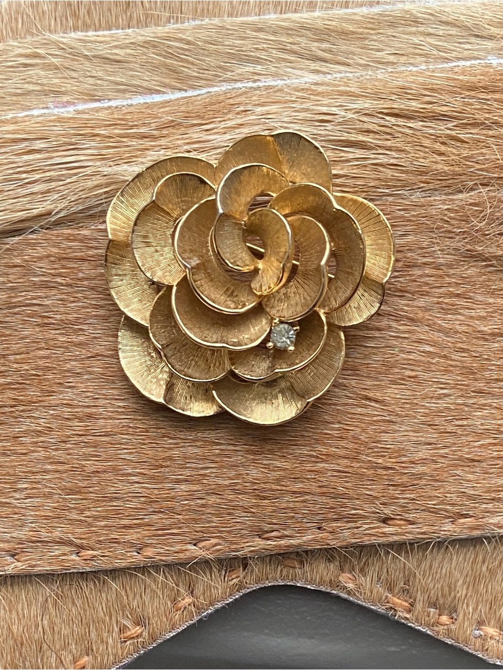 VINTAGE BOUCHER Rose Rhinestone Layered Flower Pin Brooch